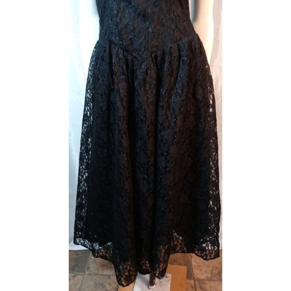 Vintage Positively Ellyn Black Lace Cocktail Prom Dress 80'Elastic Waist Sz 8 - Picture 2 of 16
